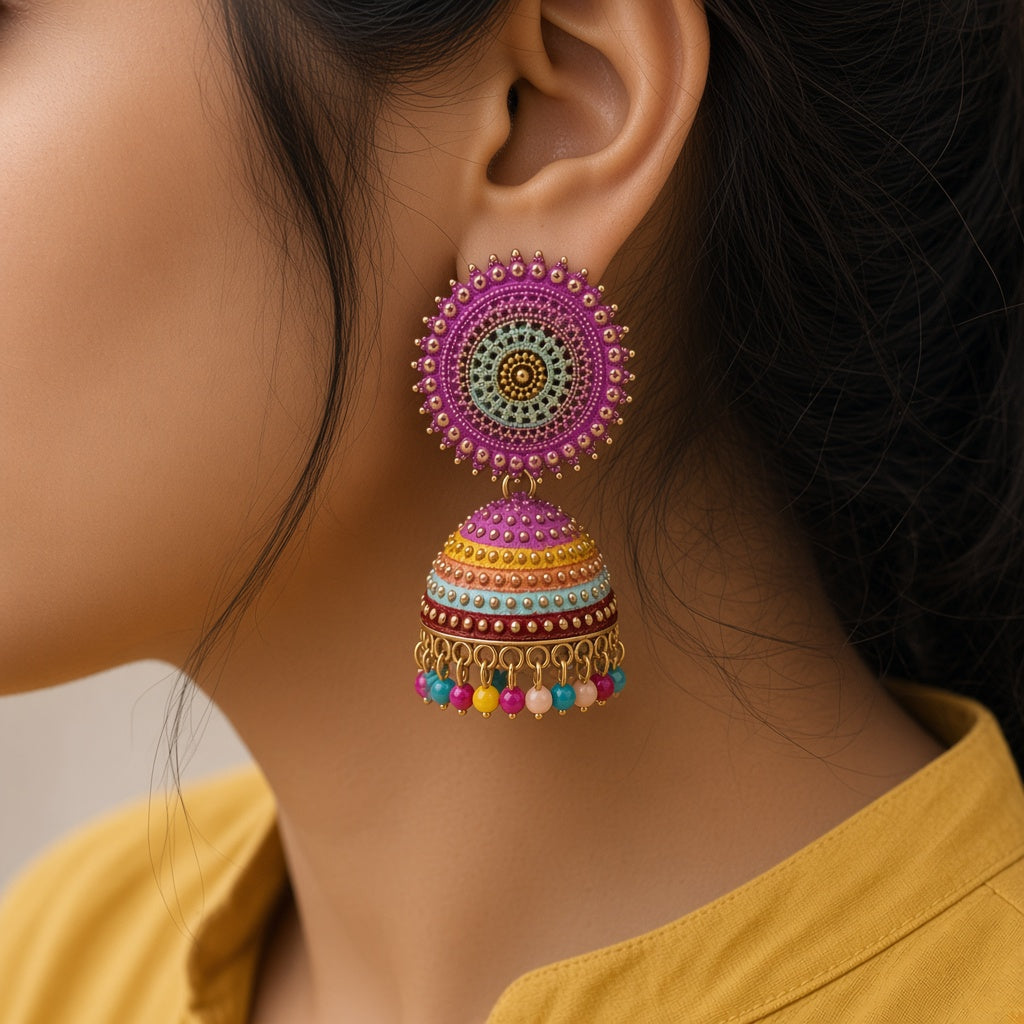 Gulabi Sunburst Jhumkas, pink jhumka earrings by The P.S Collection - worn