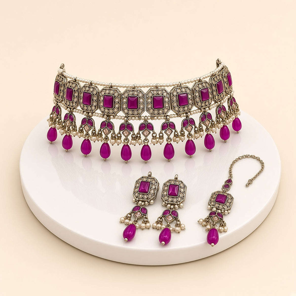 Gulmohar Magenta Choker Set – 3D view
