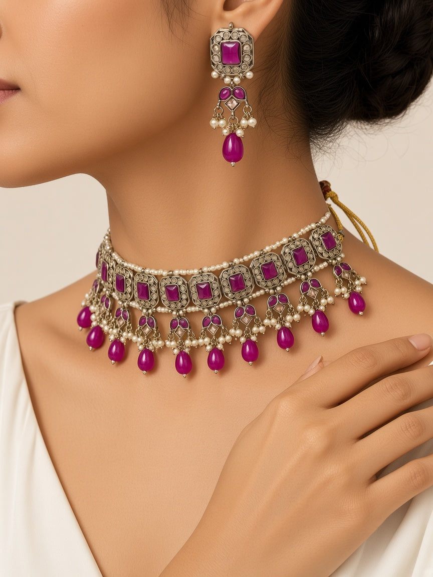 Gulmohar Magenta Choker Set - worn close-up (faceless model)