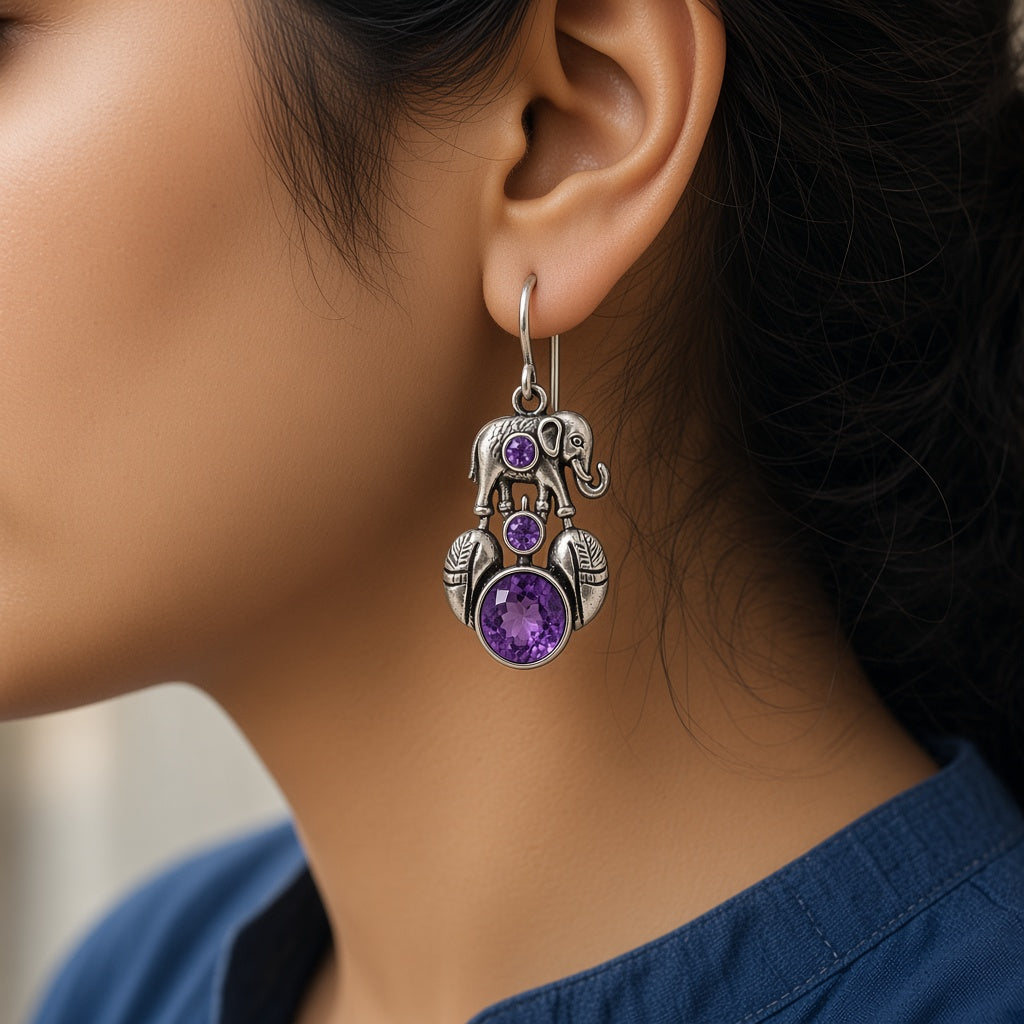 Haathi Oxidised Elephant Earrings by The P.S Collection - worn