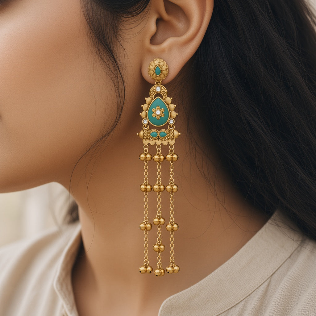 Harit Rama Green Kashmiri Earrings by The P.S Collection - worn