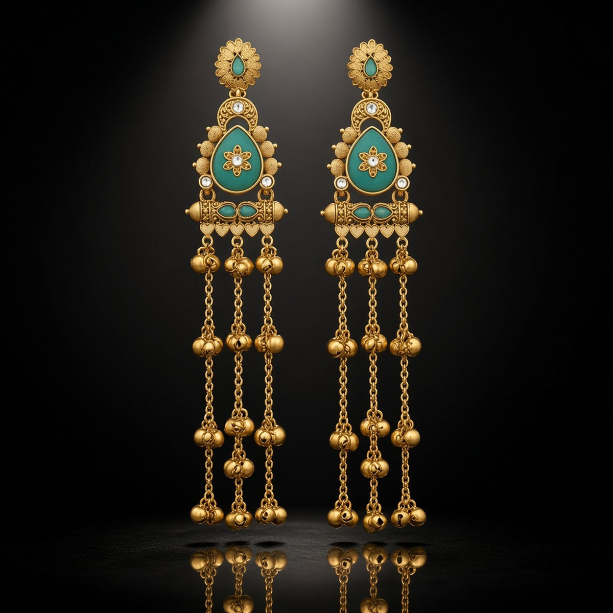 Harit Rama Green Kashmiri Earrings Kashmiri ghungroo earrings by The P.S Collection - detail on black