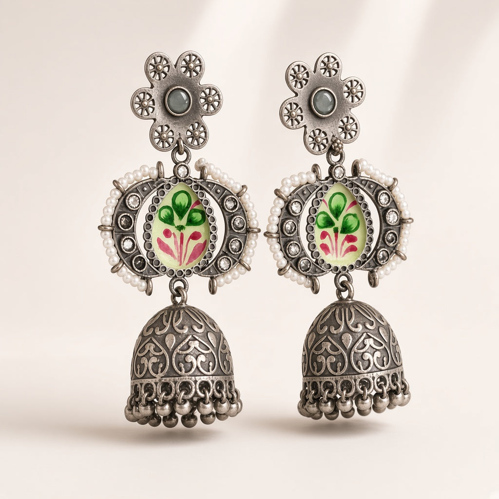 Hariyali Oxidised Jhumkas by The P.S Collection - 3D view