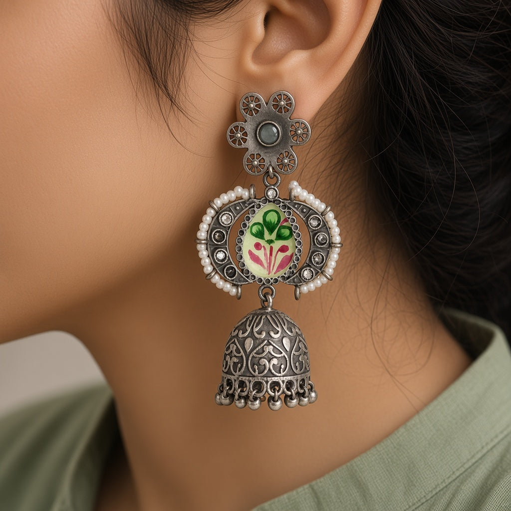 Hariyali Oxidised Jhumkas by The P.S Collection - worn