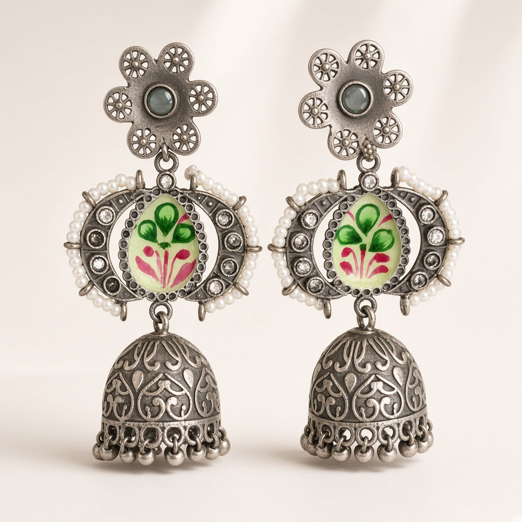 Hariyali Oxidised Jhumkas by The P.S Collection - studio view