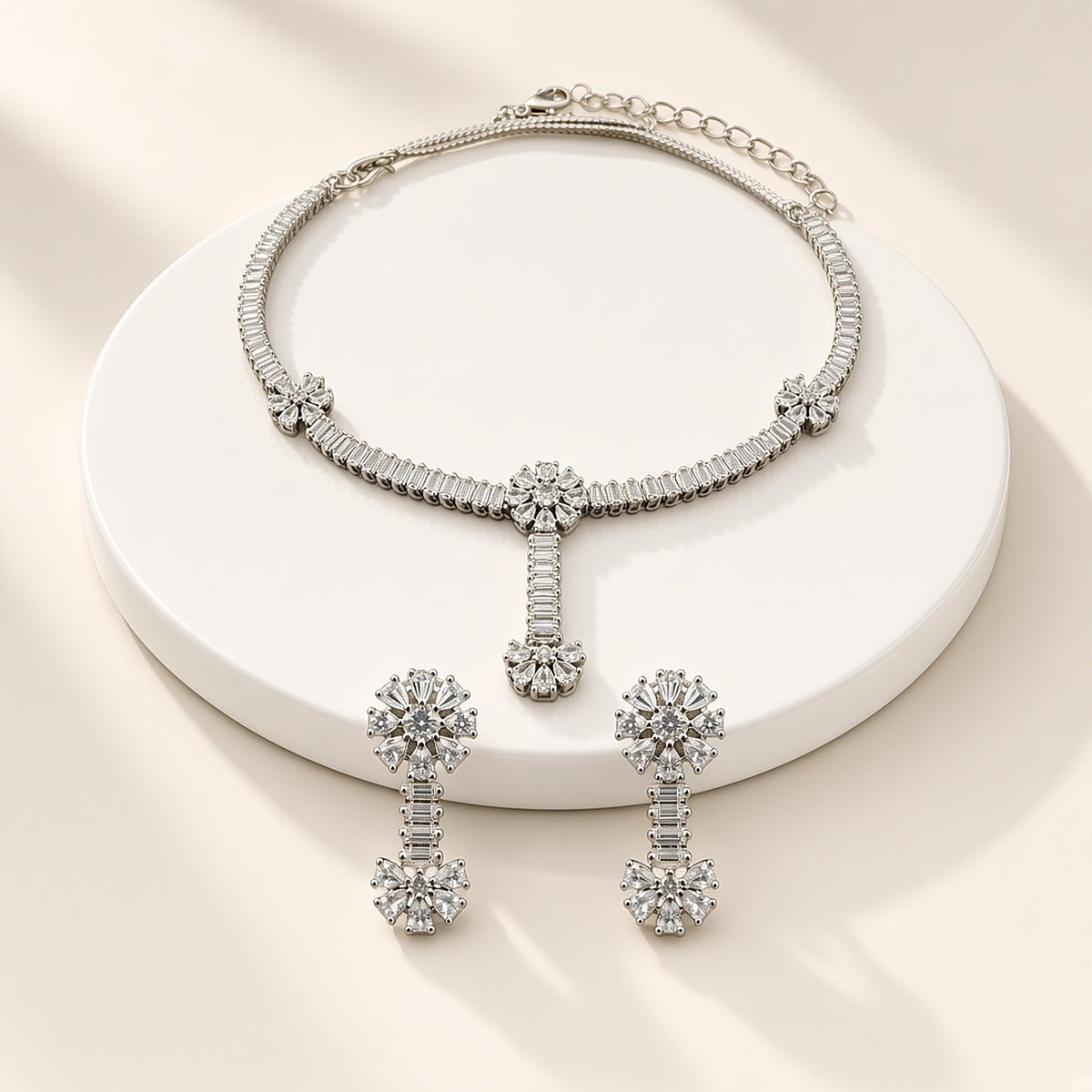 Heera Silver Baguette CZ Necklace Set – 3D view