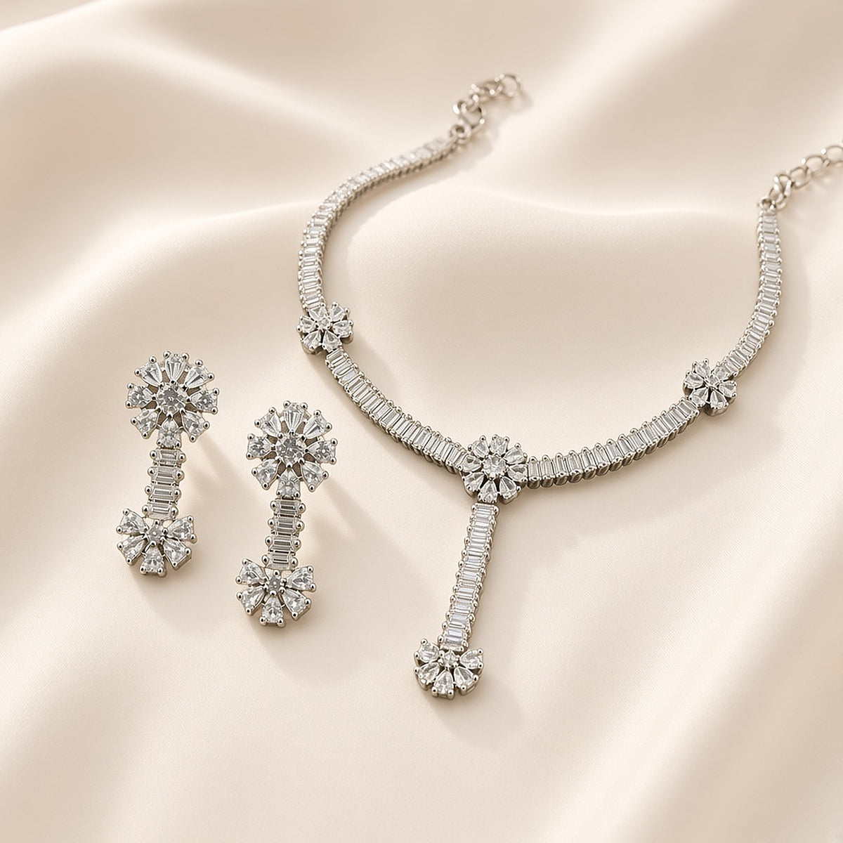 Heera Silver Baguette CZ Necklace Set – second angle