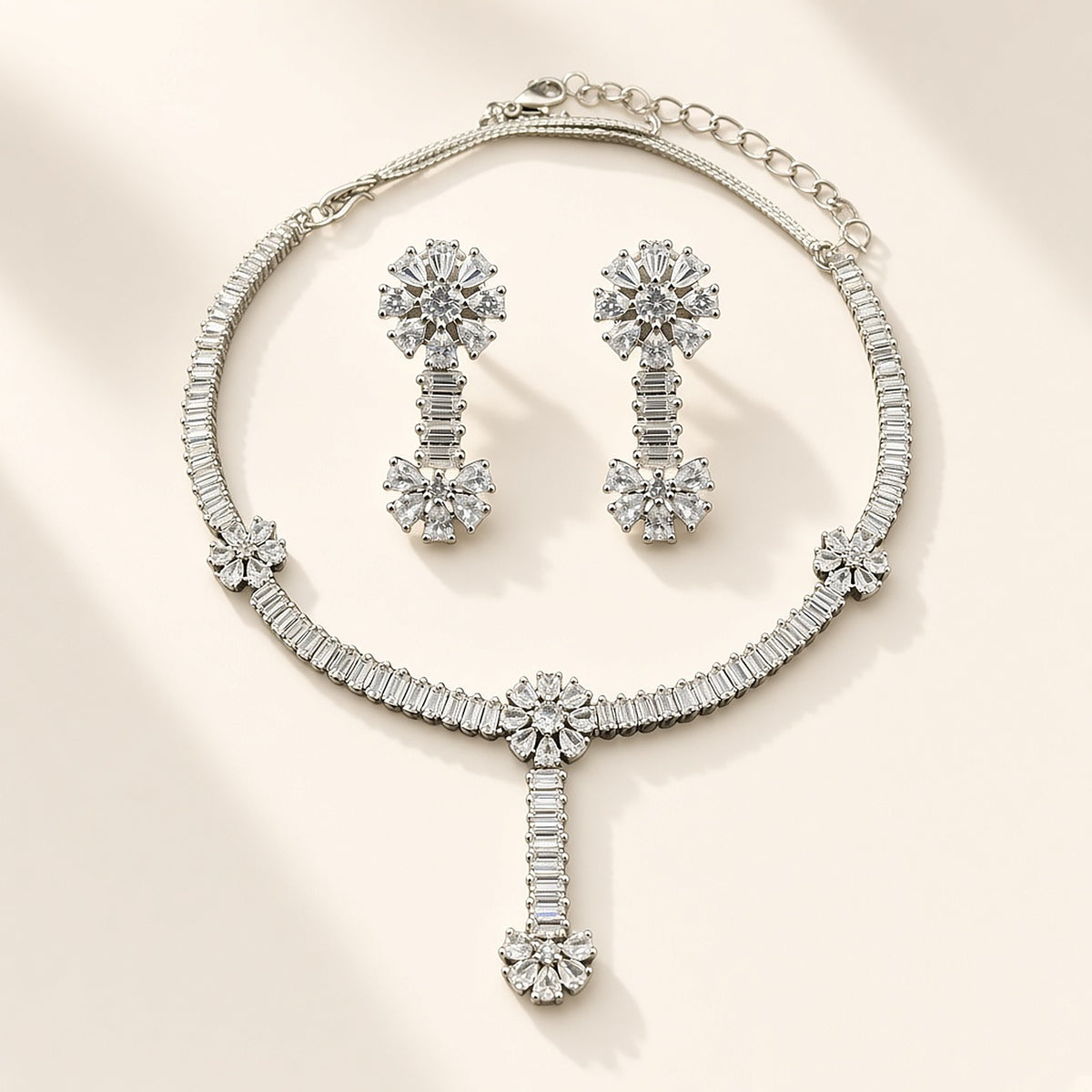 Heera Silver Baguette CZ Necklace Set – studio view