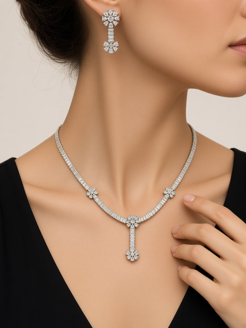 Heera Silver Baguette CZ Necklace Set - worn close-up (faceless model)