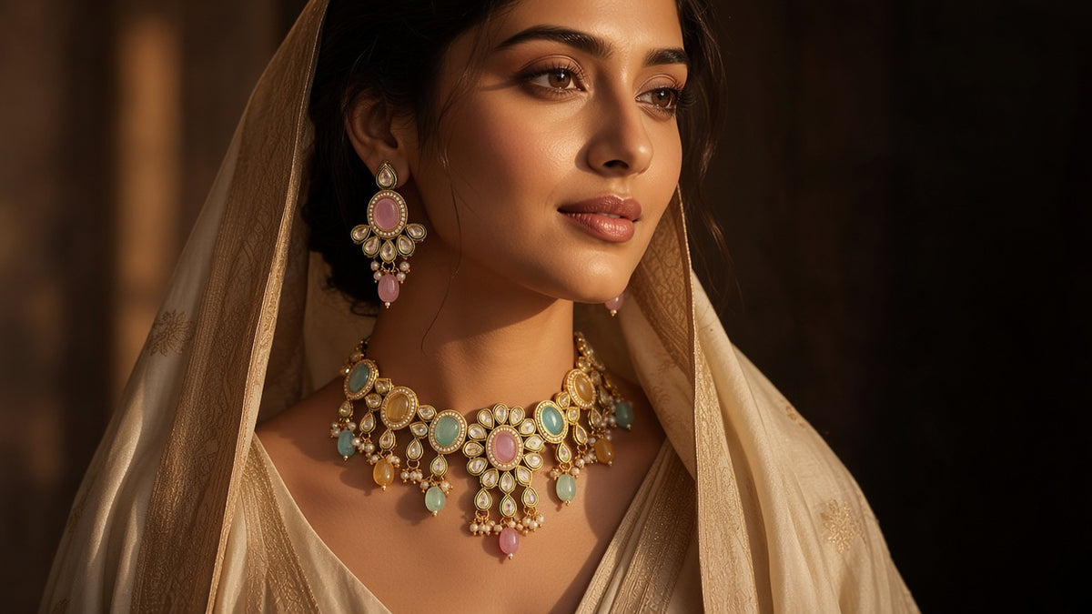 Bride wearing a pastel kundan choker necklace set and matching earrings in warm golden light