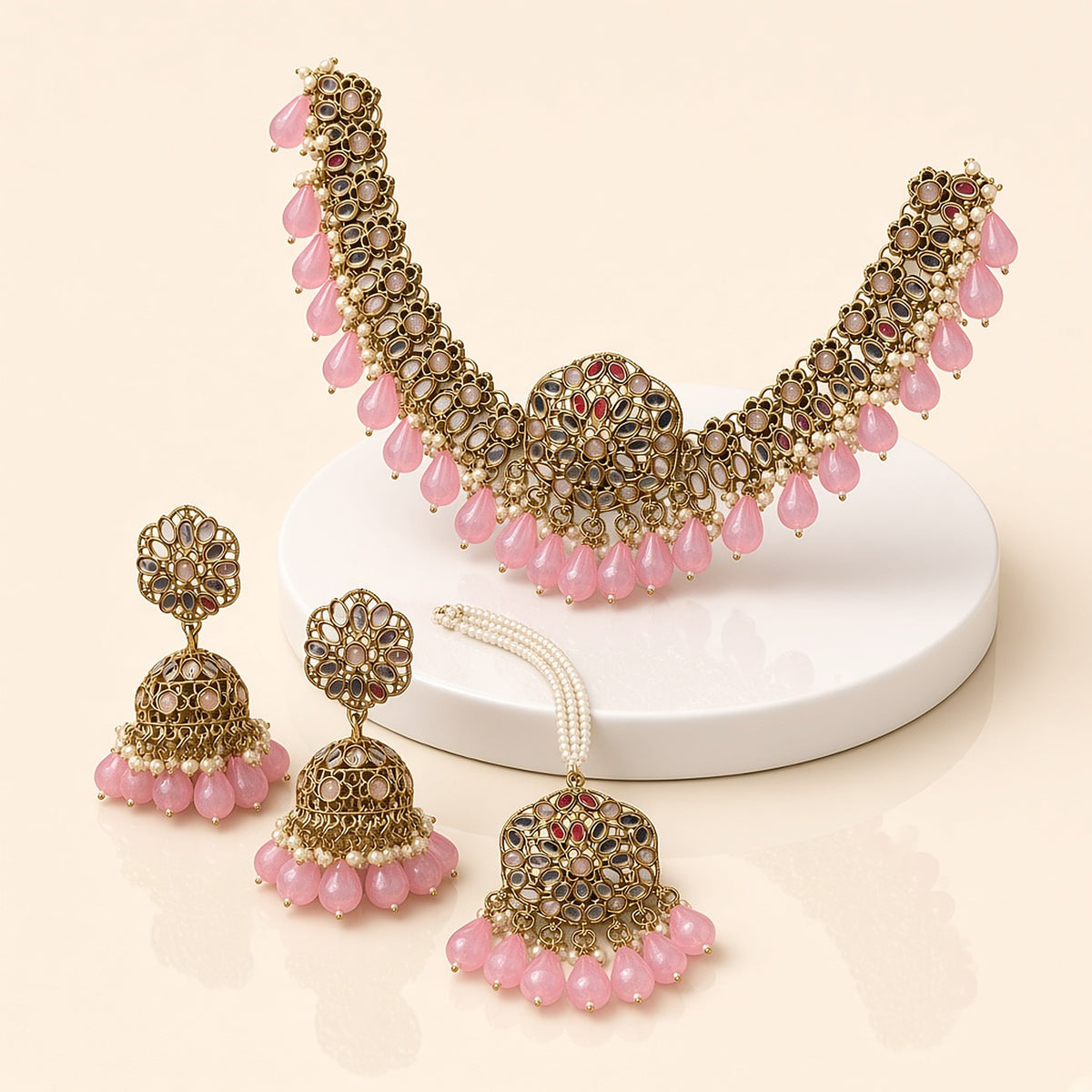 Ishq Pink Kundan Jhumka Necklace Set – 3D view