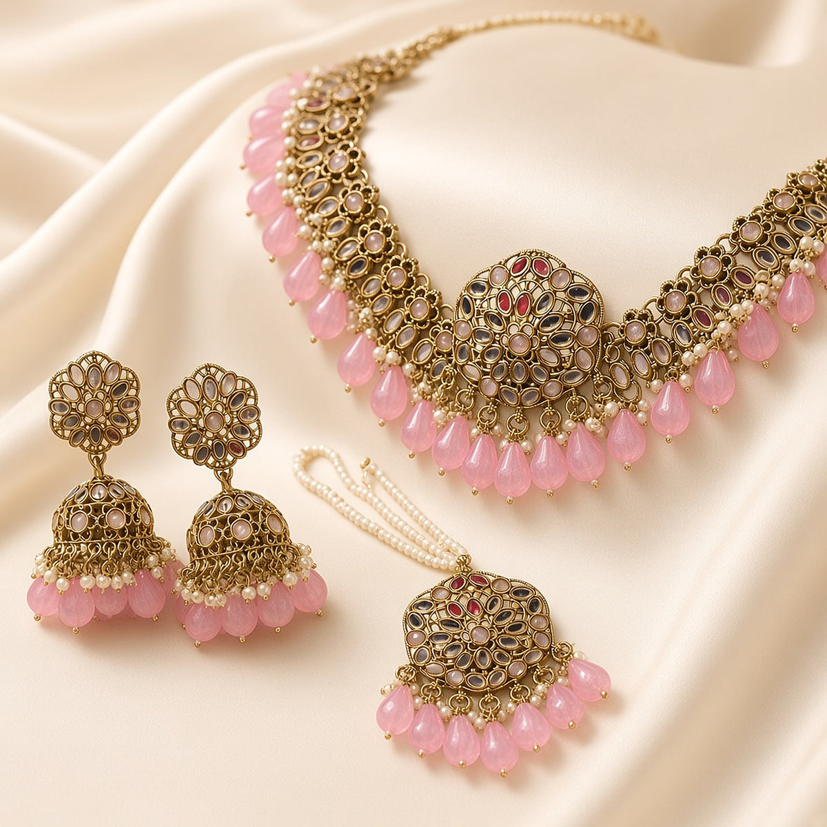 Ishq Pink Kundan Jhumka Necklace Set – second angle