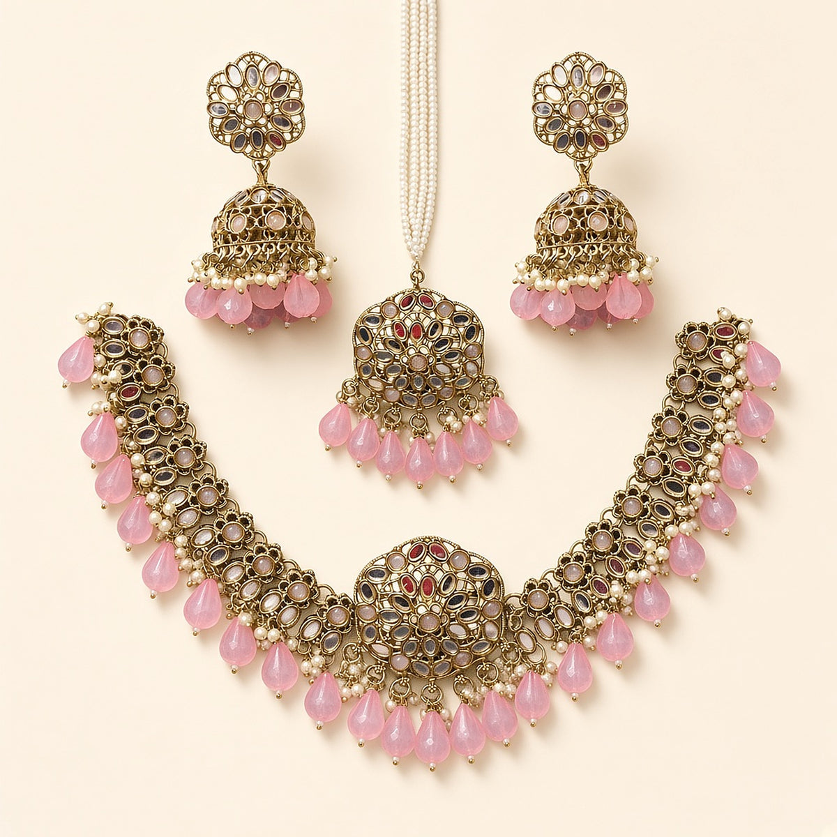Ishq Pink Kundan Jhumka Necklace Set – studio view