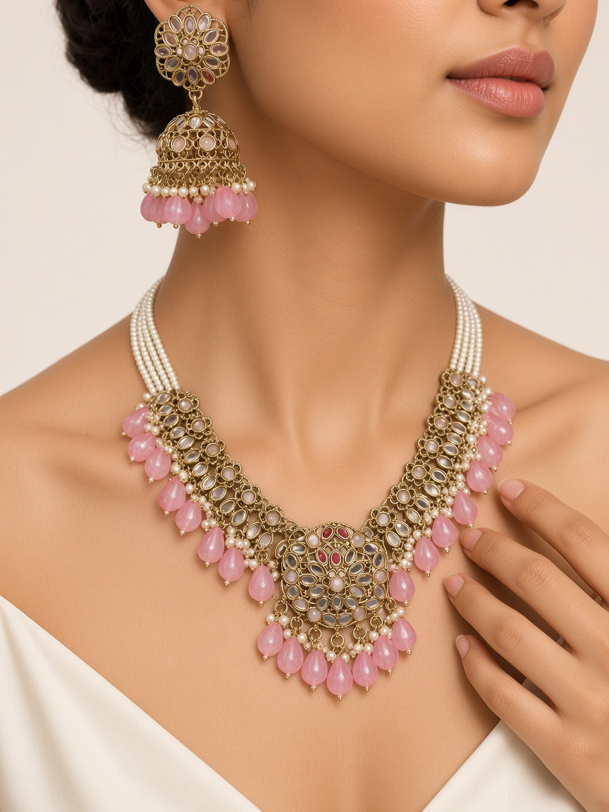 Ishq Pink Kundan Jhumka Necklace Set - worn close-up (faceless model)