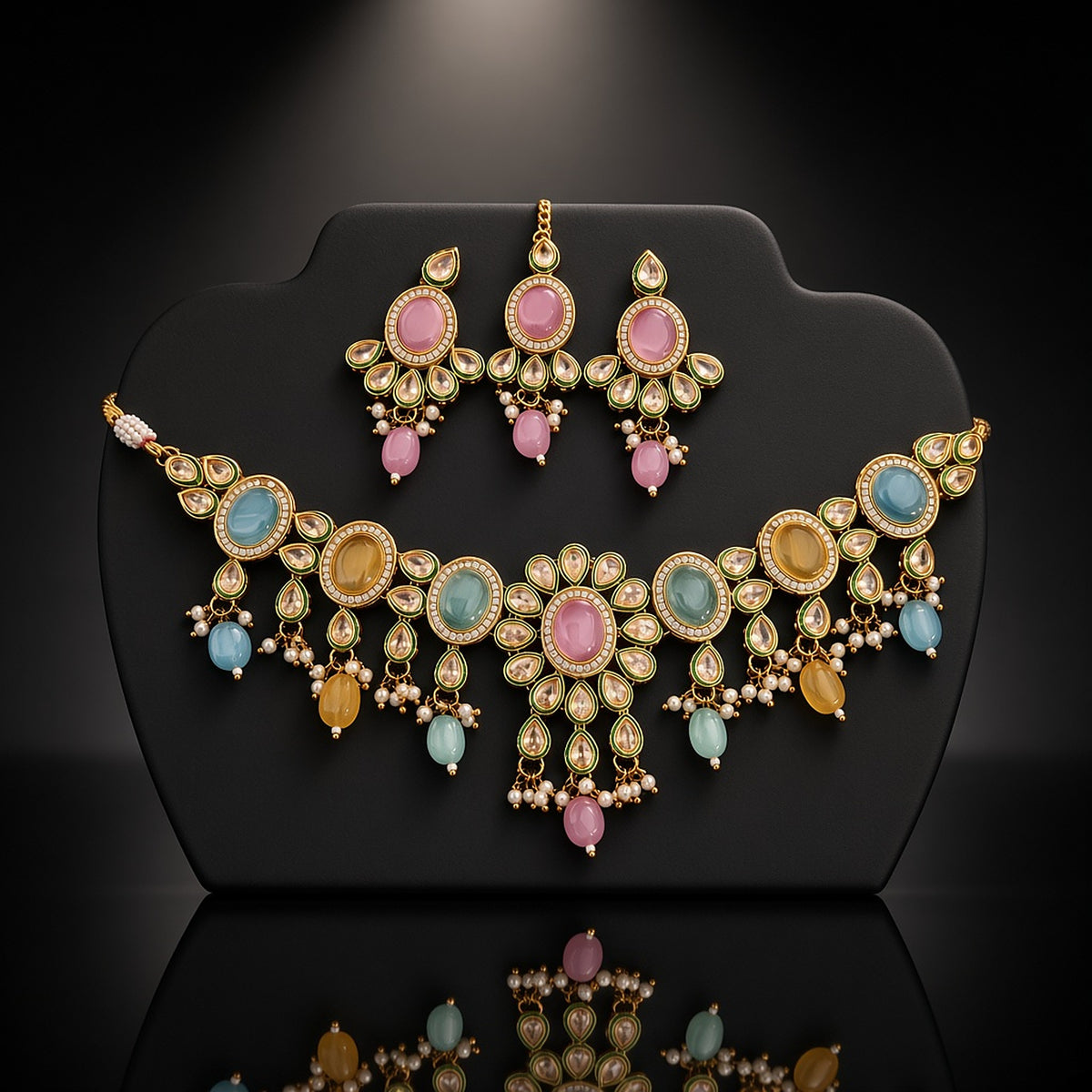 Komal Pastel Kundan Choker Set by The P.S Collection - on a black bust