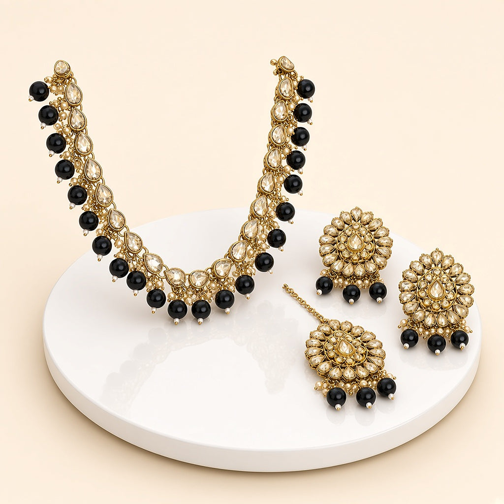 Kaajal Black Bead Kundan Necklace Set with Maang Tikka – 3D view
