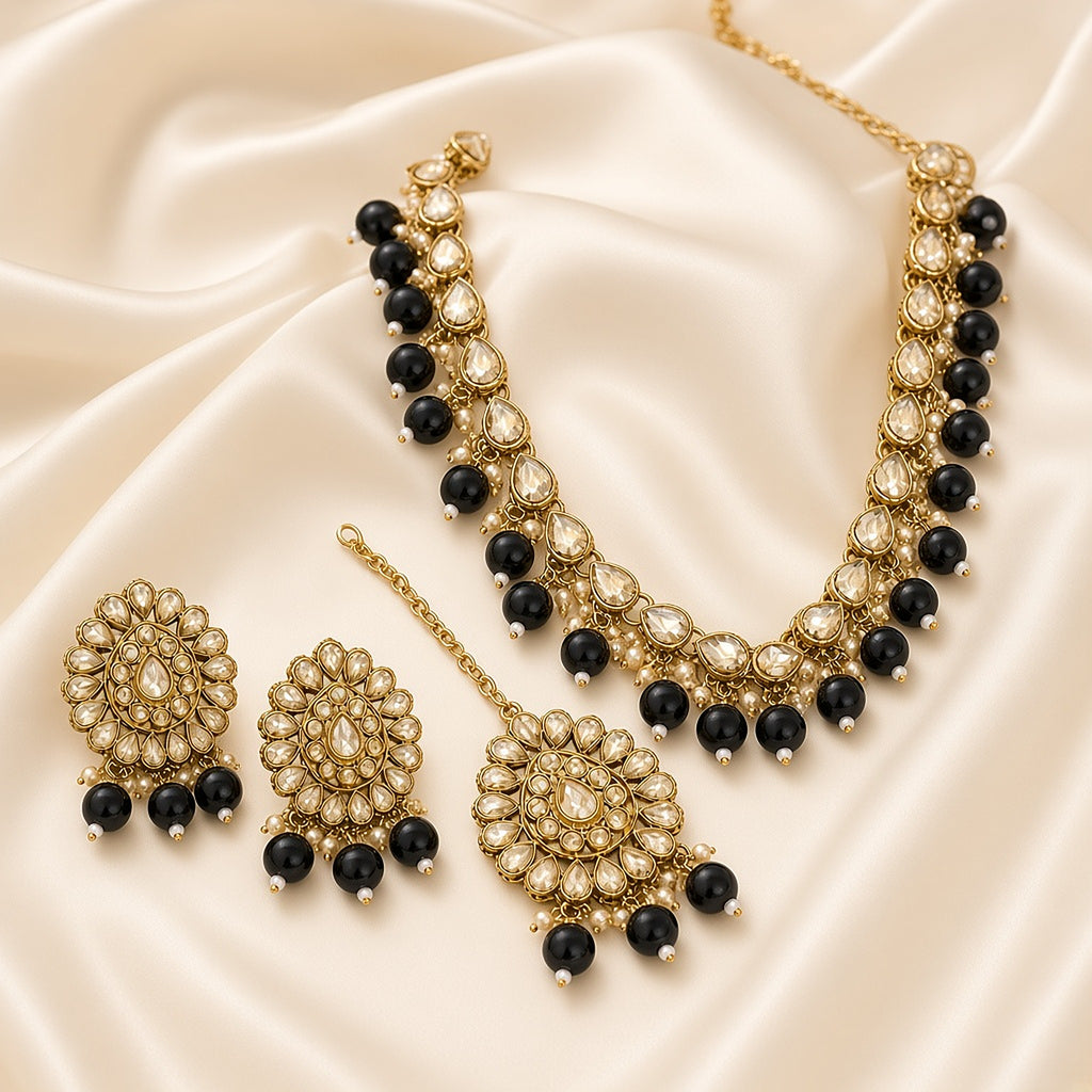Kaajal Black Bead Kundan Necklace Set with Maang Tikka – second angle