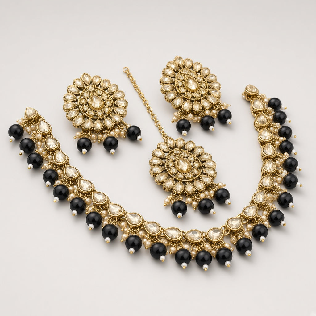 Kaajal Black Bead Kundan Necklace Set with Maang Tikka - second angle
