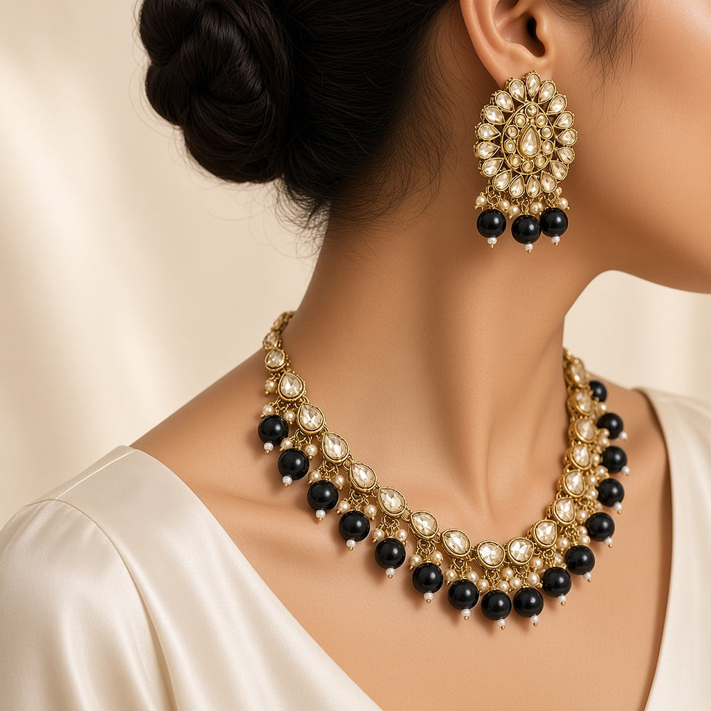 Kaajal Black Bead Kundan Necklace Set with Maang Tikka – worn close-up