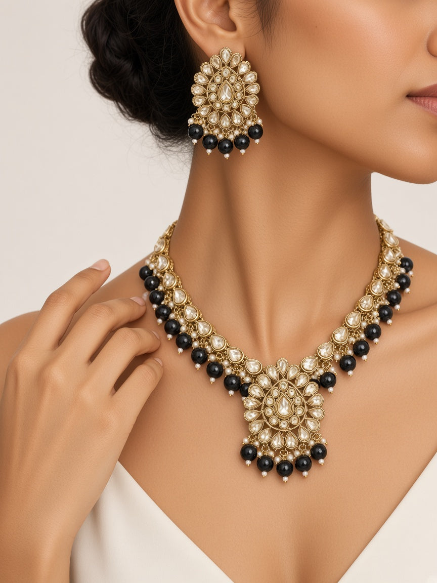 Kaajal Black Bead Kundan Necklace Set with Maang Tikka - worn close-up (faceless model)