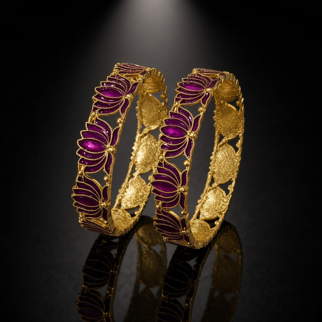 Kamal Lotus Meenakari Bangle Pair meenakari bangles by The P.S Collection - detail on black