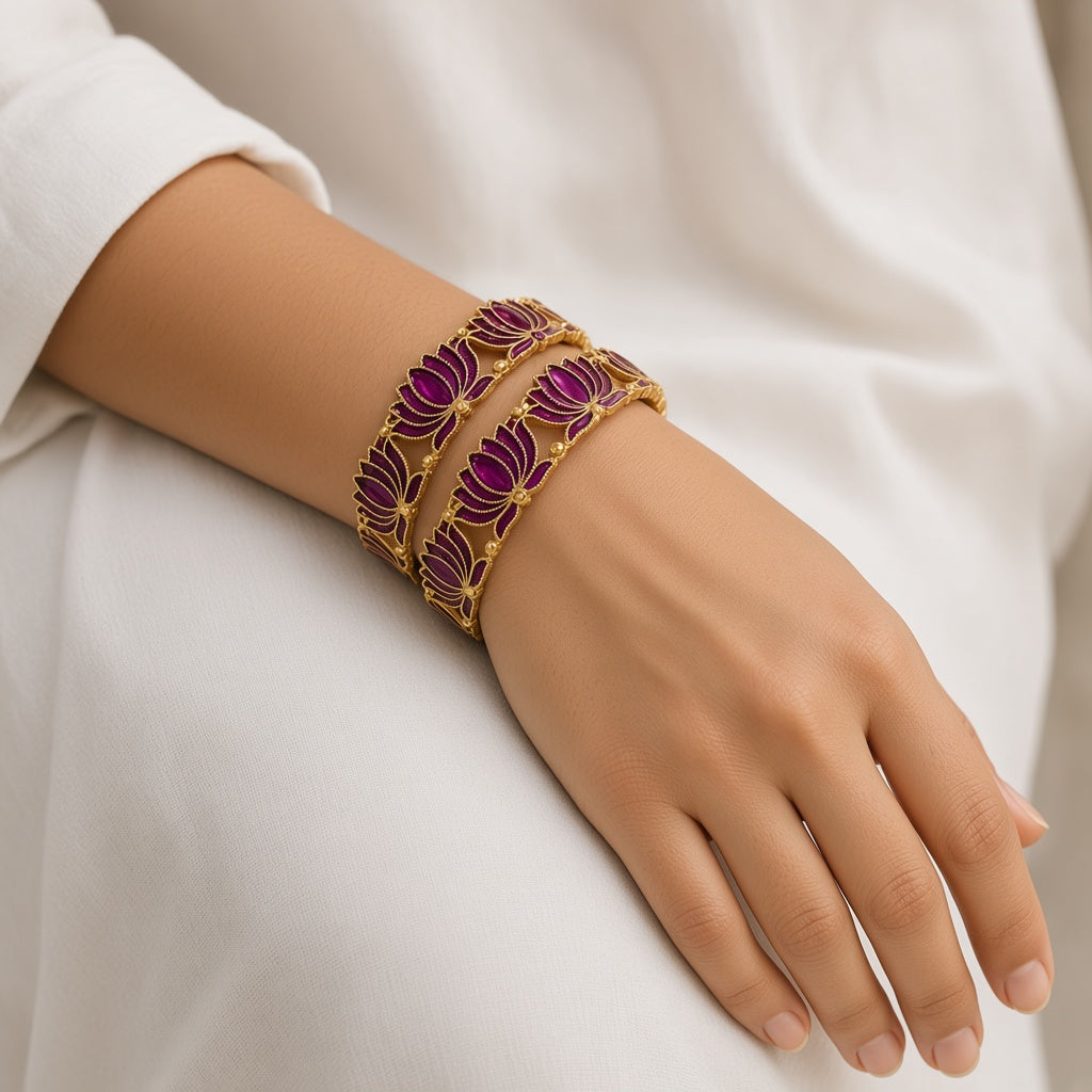 Kamal Lotus Meenakari Bangle Pair by The P.S Collection - worn