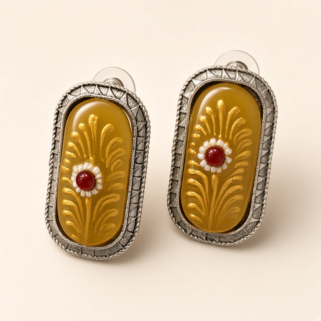 Kesar Yellow Glass Stud Earrings by The P.S Collection - 3D view