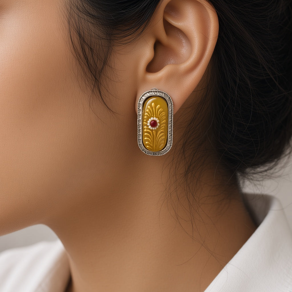 Kesar Yellow Glass Stud Earrings by The P.S Collection - worn