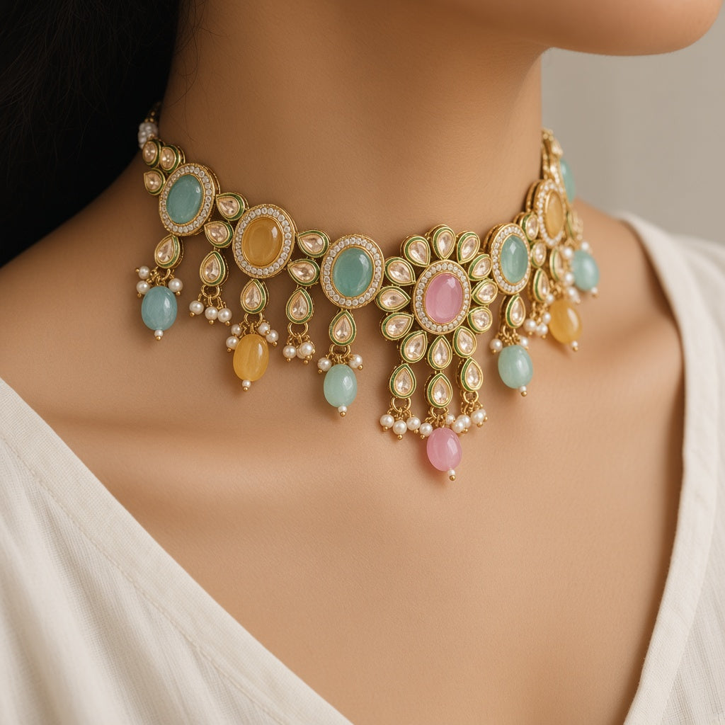 Komal Pastel Kundan Choker Set by The P.S Collection - worn