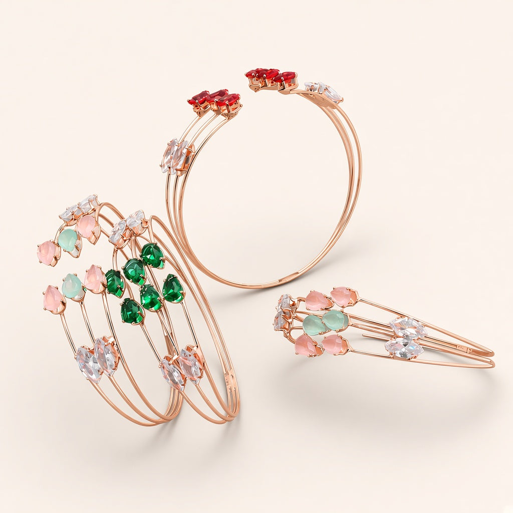 Lalit Rose Gold Wire Cuffs in ruby, emerald blush and mint blush - studio view, The P.S Collection