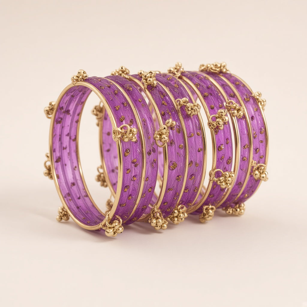 Lavanya lavender glass bangles, close-up detail of the glass and gold-tone work