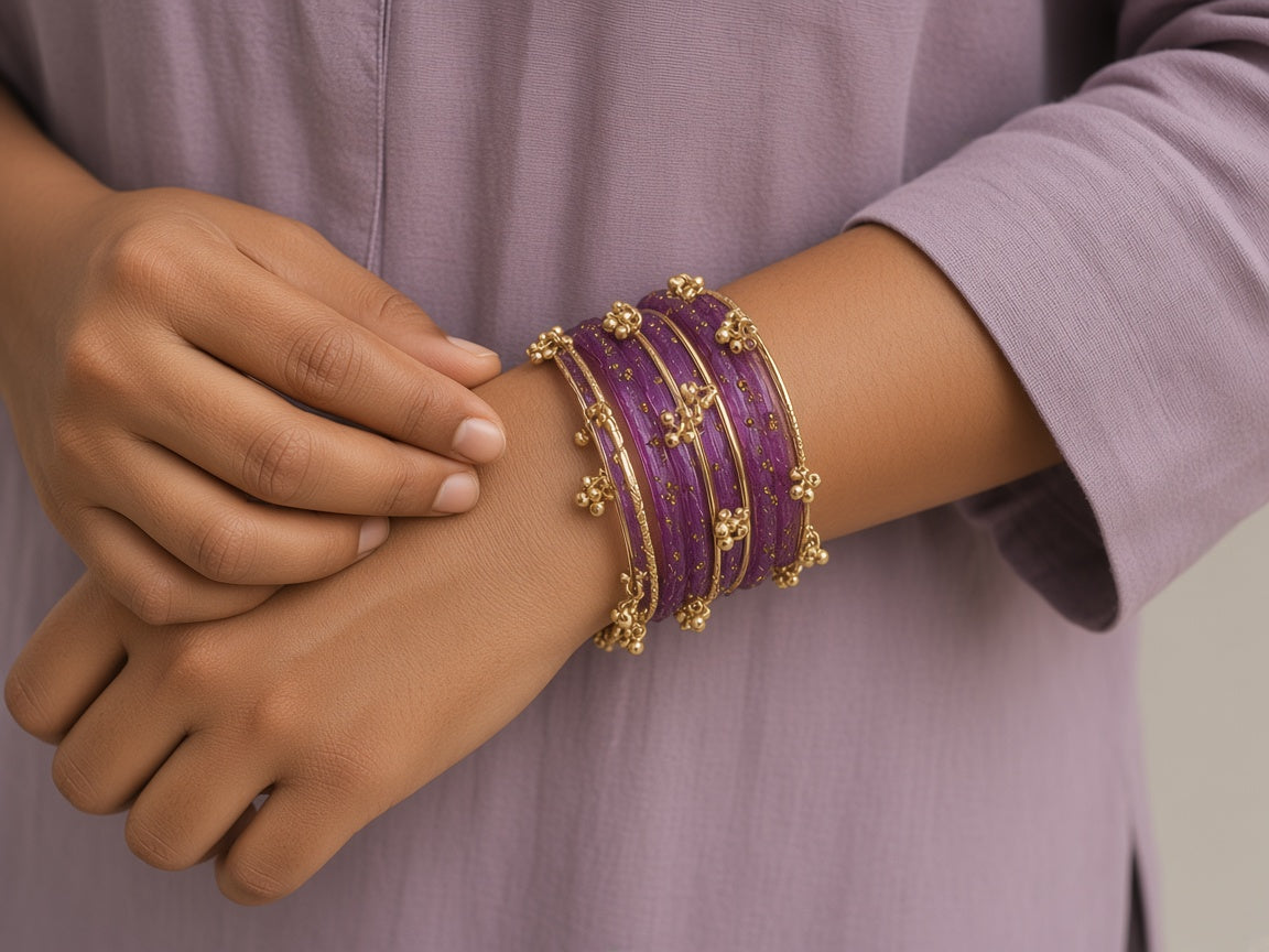 Lavanya lavender glass bangles worn on the wrist