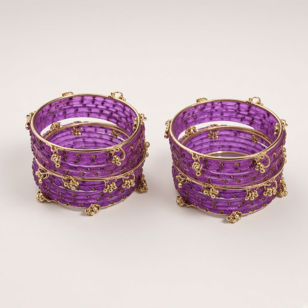 Lavanya lavender glass bangle set with gold-tone accents, studio shot on cream background