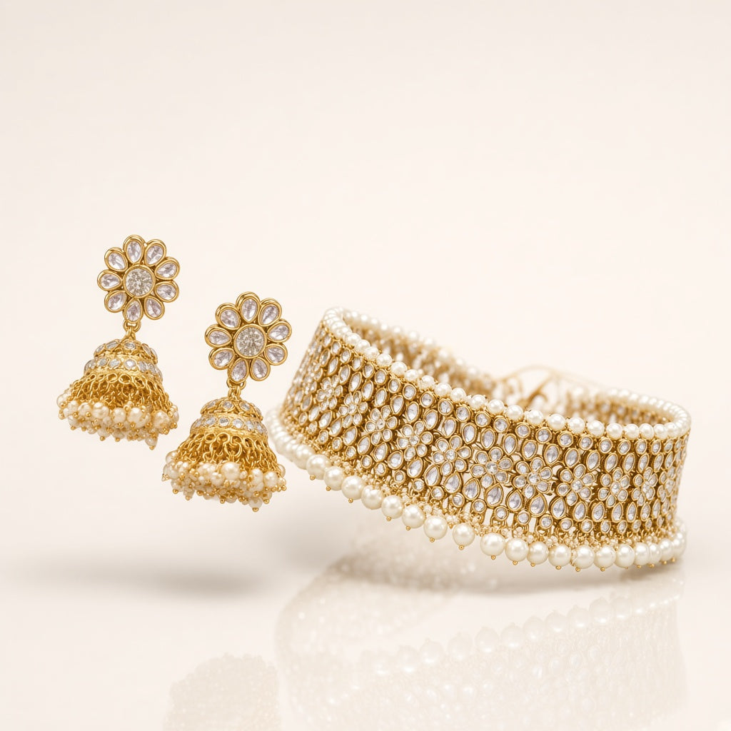 Maharani Gold Pearl Kundan Choker Set - 3D view