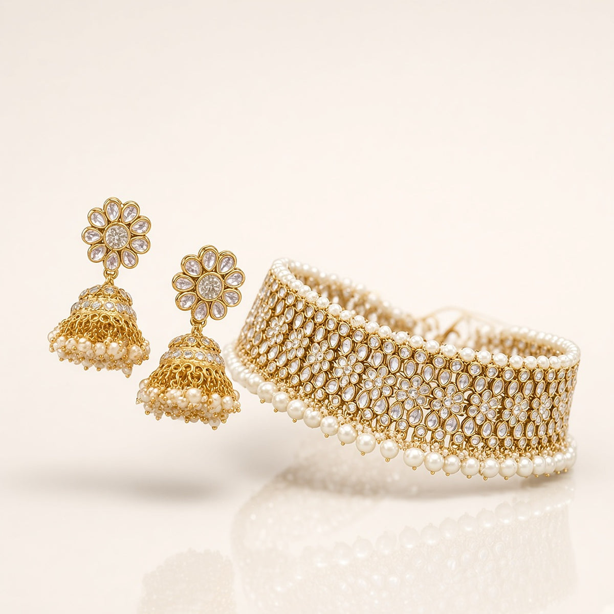 Maharani Gold Pearl Kundan Choker Set – 3D view