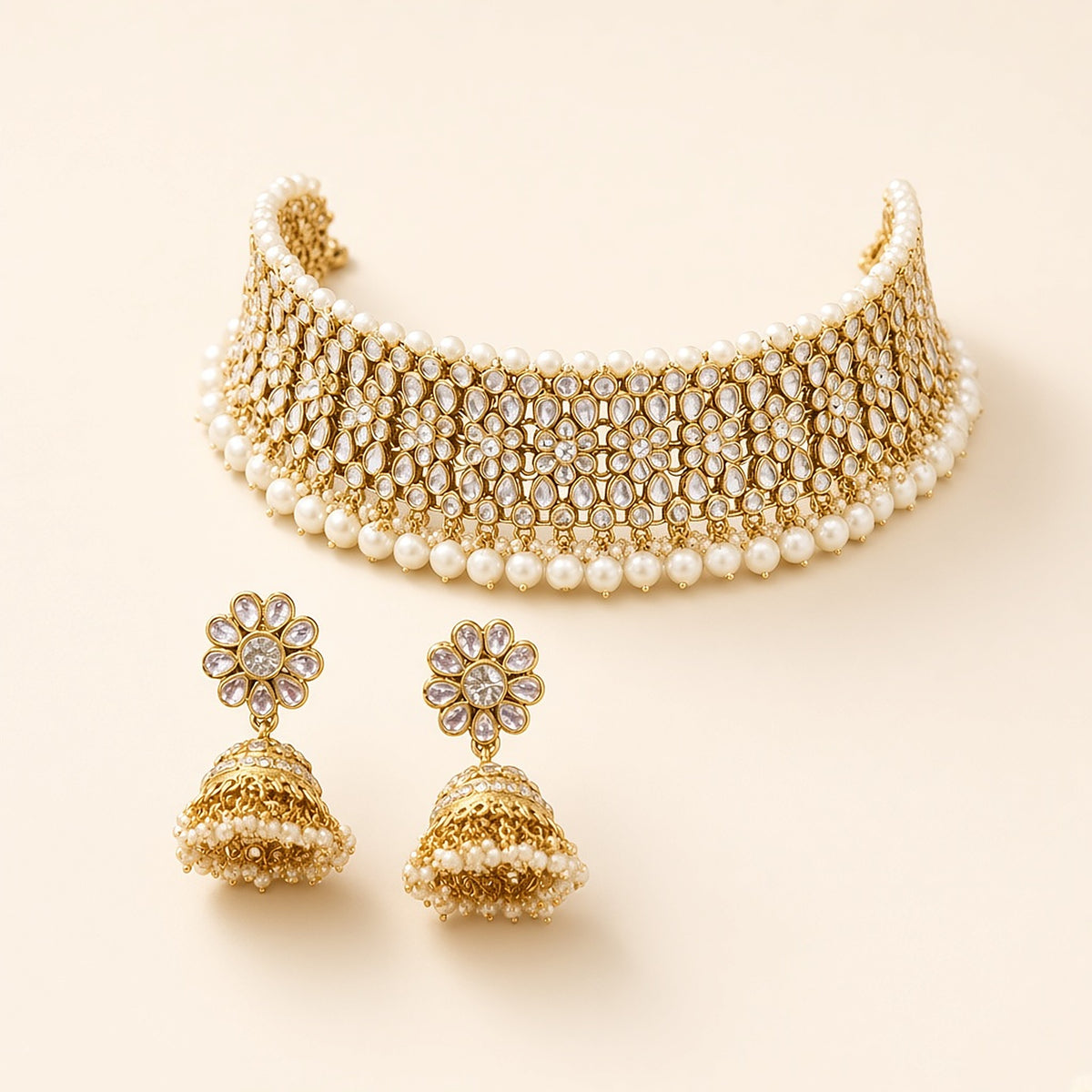 Maharani Gold Pearl Kundan Choker Set – studio view