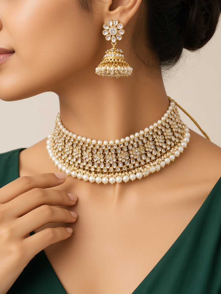 Maharani Gold Pearl Kundan Choker Set - worn close-up (faceless model)