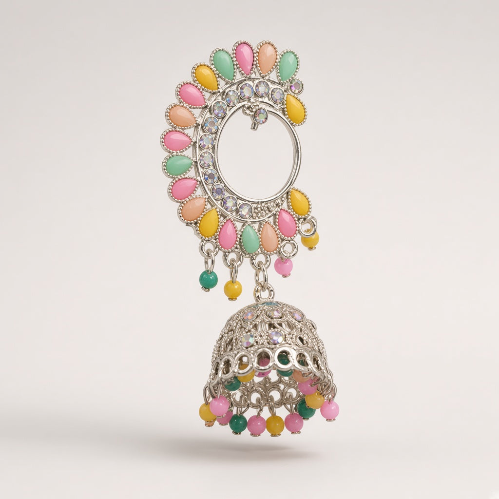 Mayur pastel chandbali jhumkas, 3D three-quarter view