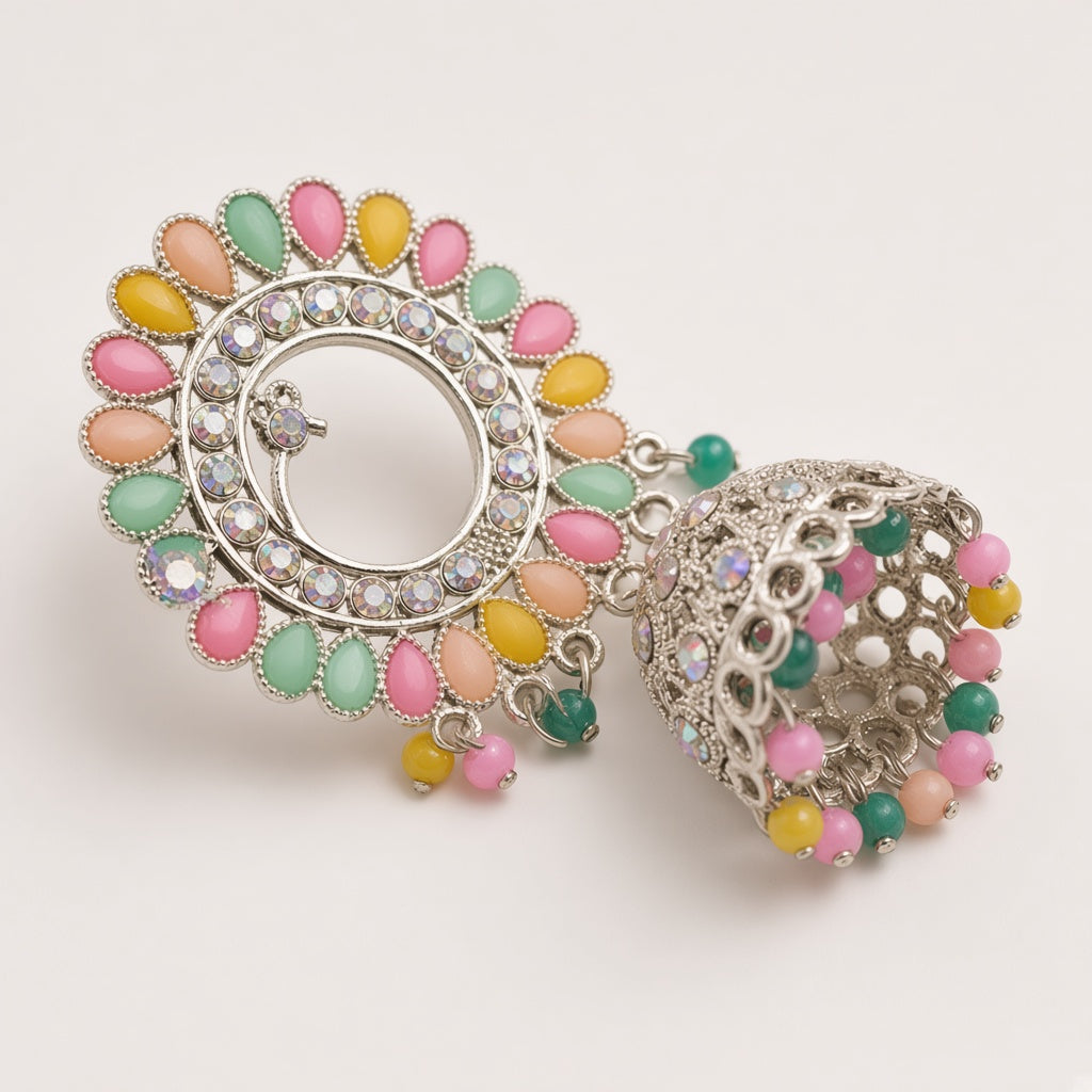 Mayur pastel chandbali jhumkas, close-up of the pastel stones and jhumka bell