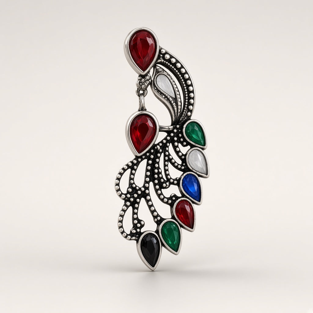 Mor oxidised peacock earrings, 3D three-quarter view