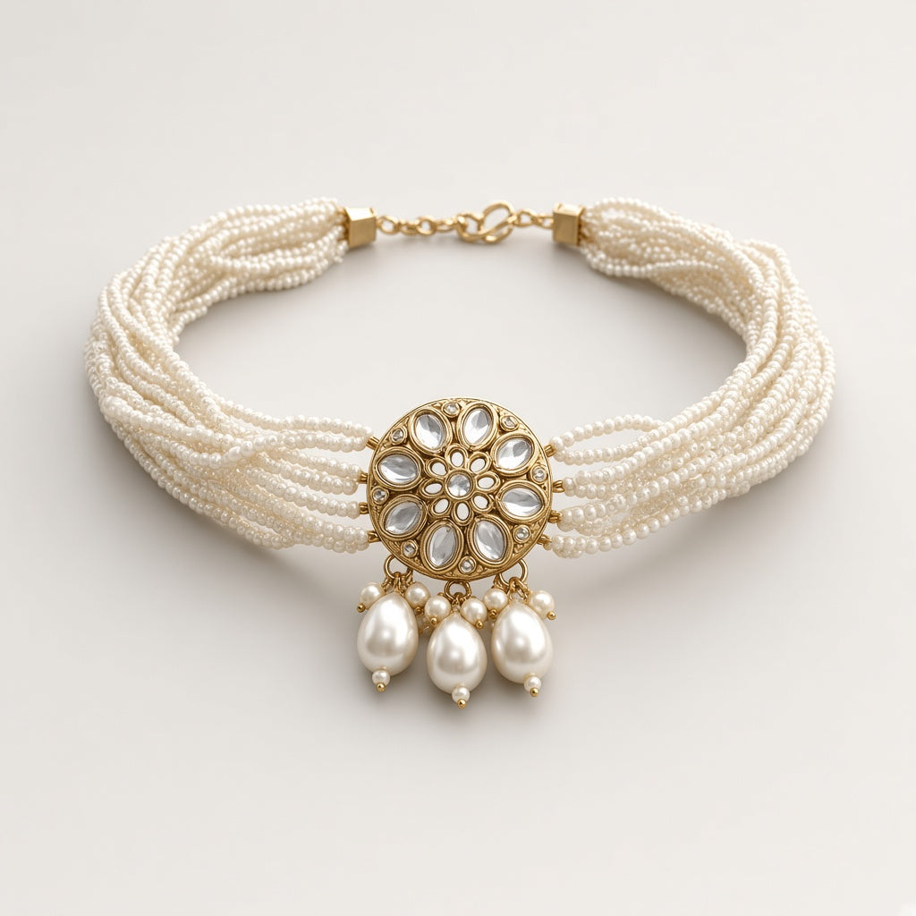 Moti pearl kundan choker set, 3D three-quarter view