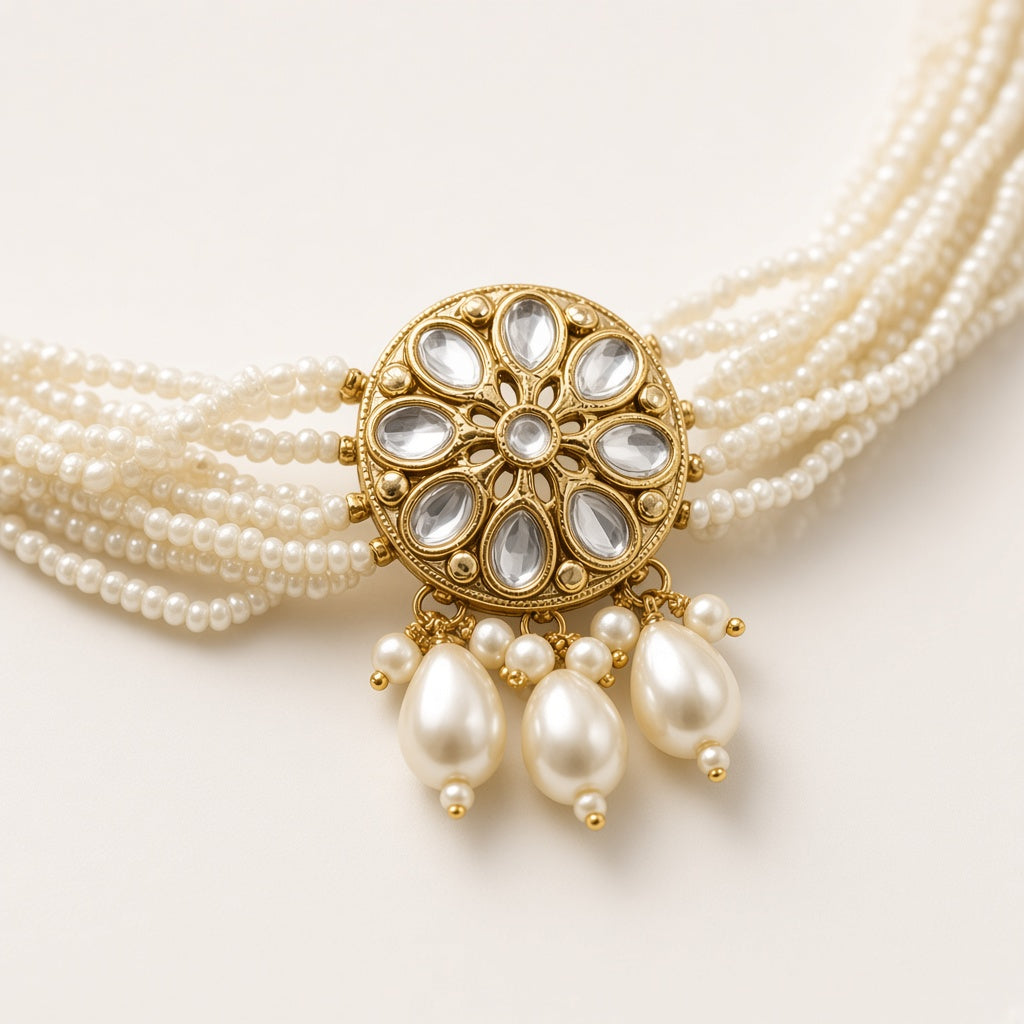 Moti pearl kundan choker, close-up of the kundan medallion and pearl strands