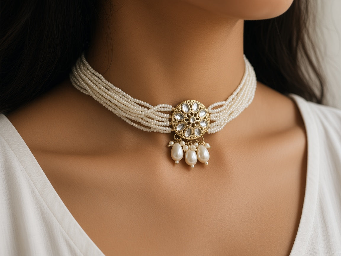 Moti pearl kundan choker worn at the collarbone