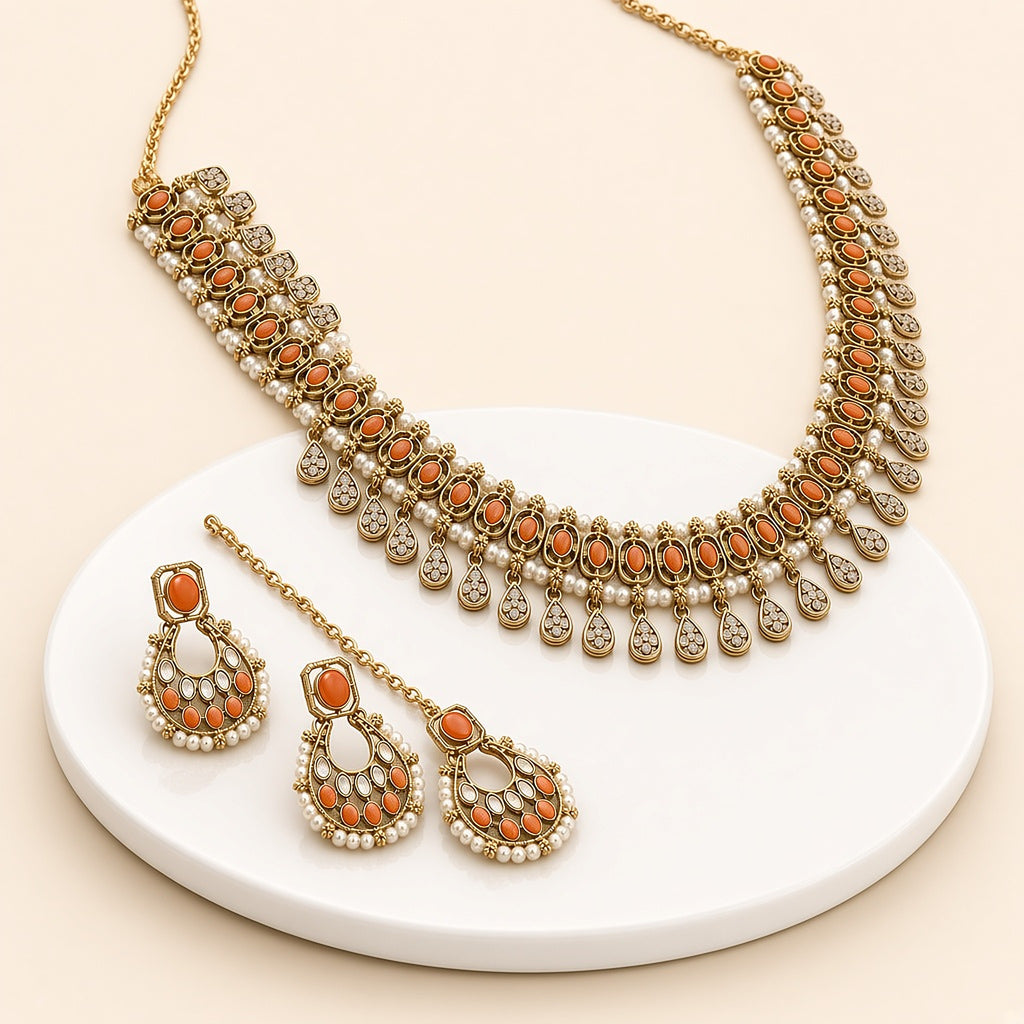 Narangi Orange Chandbali Necklace Set with Maang Tikka – 3D view