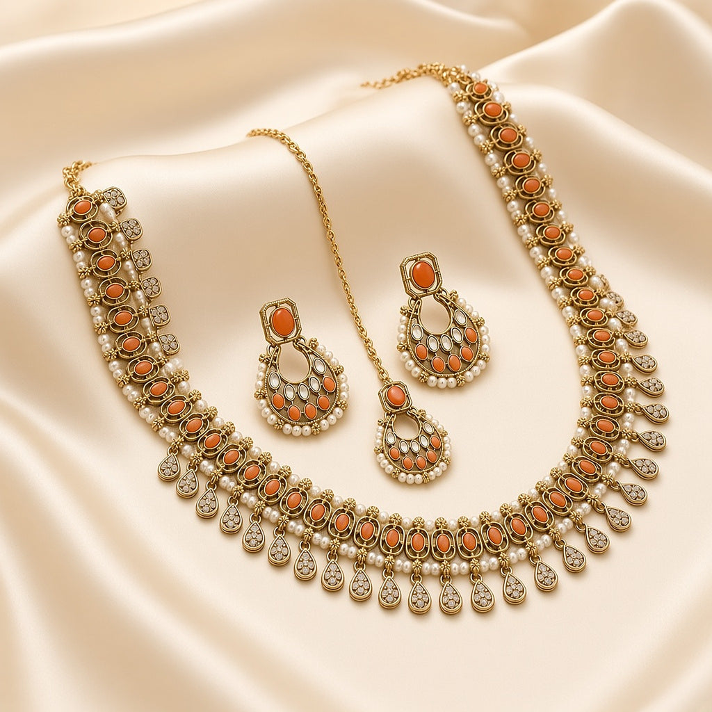 Narangi Orange Chandbali Necklace Set with Maang Tikka – second angle