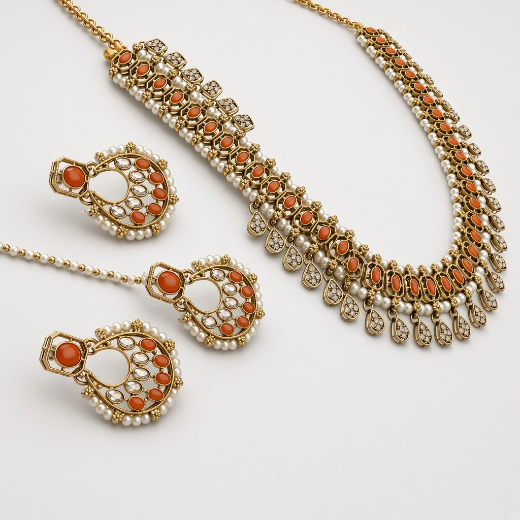 Narangi Orange Chandbali Necklace Set with Maang Tikka - second angle