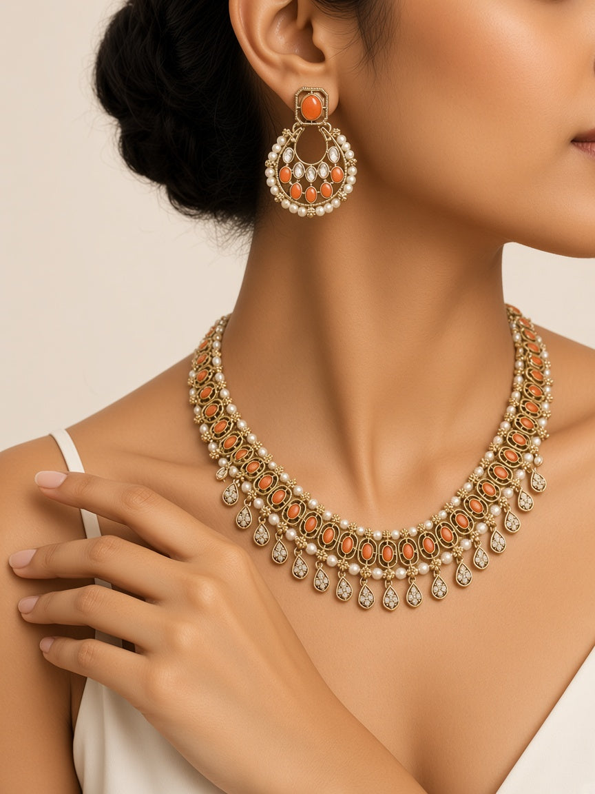 Narangi Orange Chandbali Necklace Set with Maang Tikka - worn close-up (faceless model)
