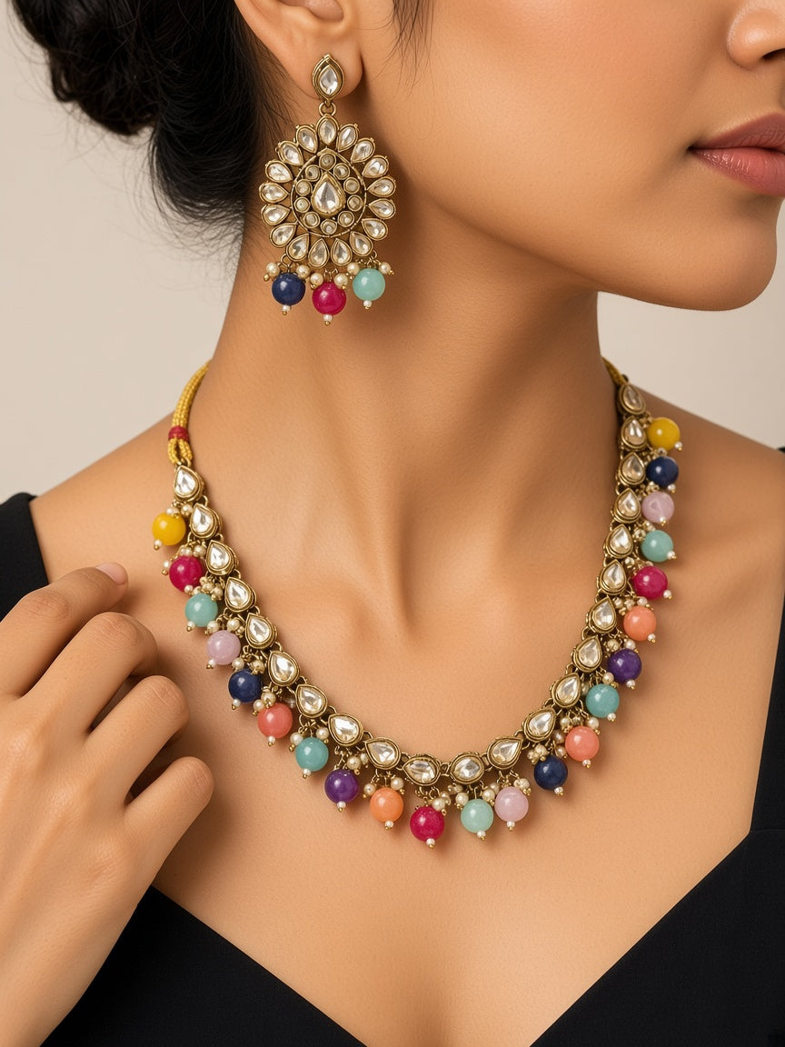 Navrang Multicolour Kundan Necklace Set - worn close-up (faceless model)