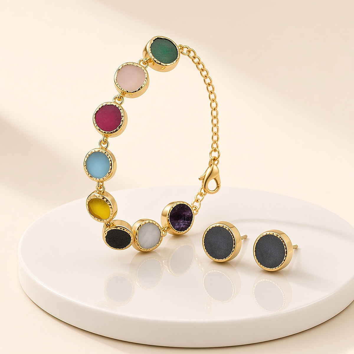 Navratna Multicolour Round-Stone Necklace Set – 3D view