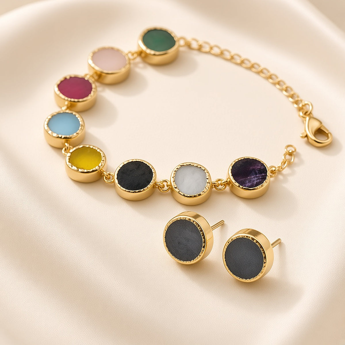 Navratna Multicolour Round-Stone Necklace Set – second angle
